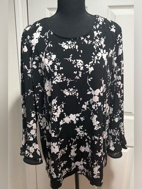 Black Floral Long Sleeve Women's Top - Pink Blossom Print